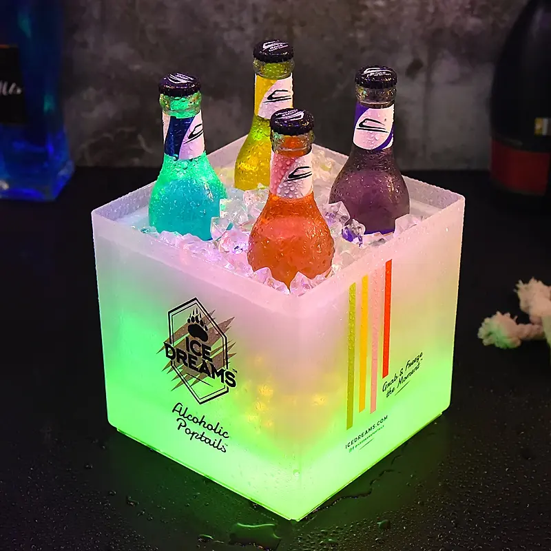 Barato garrafa de vinho cooler ps mesa, quadrado parede dupla acrílico transparente champanhe led plástico balde de gelo para cerveja