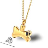 Collier urne funéraire pour animaux de compagnie en acier titane doré, motif os de chien, avec empreinte de patte, pendentif crémation ouvrable et kit de remplissage