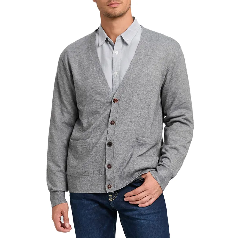 Cardigan da uomo maglione Cashmere morbido misto lana con scollo a V bottoni Cardigan con tasche Logo personalizzato