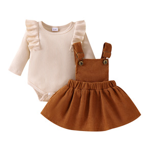 Conjunto de Dos Piezas para Bebés Niñas, Manga Larga, Color Sólido, Chaqueta Tipo Pullover, Falda con Tirantes, Cierre de Botones, Algodón, a la <span class=keywords><strong>Moda</strong></span> - Product Image 3