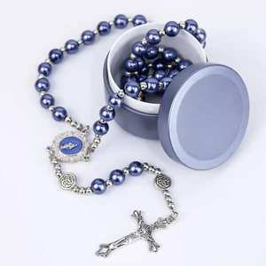 블루 펄 묵주 수제 10mm 유리 진주 페르시 기적의 메달 5 년 성모 마리아 묵주 - Product Image 3