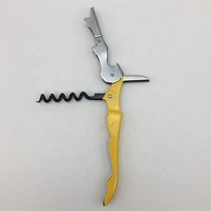 MOQ100pcsイエローカラーステンレススチールオールインワンダブルヒンジ付きシーホースワインボトルコルク栓抜きフォイルカッターナイフオープナー - Product Image 3