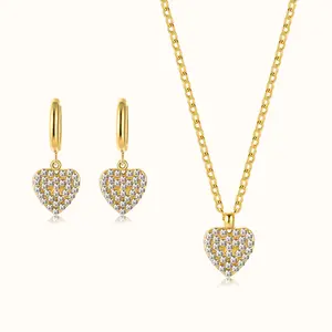 Fashion Women 14k Gold Plated Crystal Heart Shaped Diamond Hoop Earring Stainless Steel Earing And Necklace Set Jewelry Heart