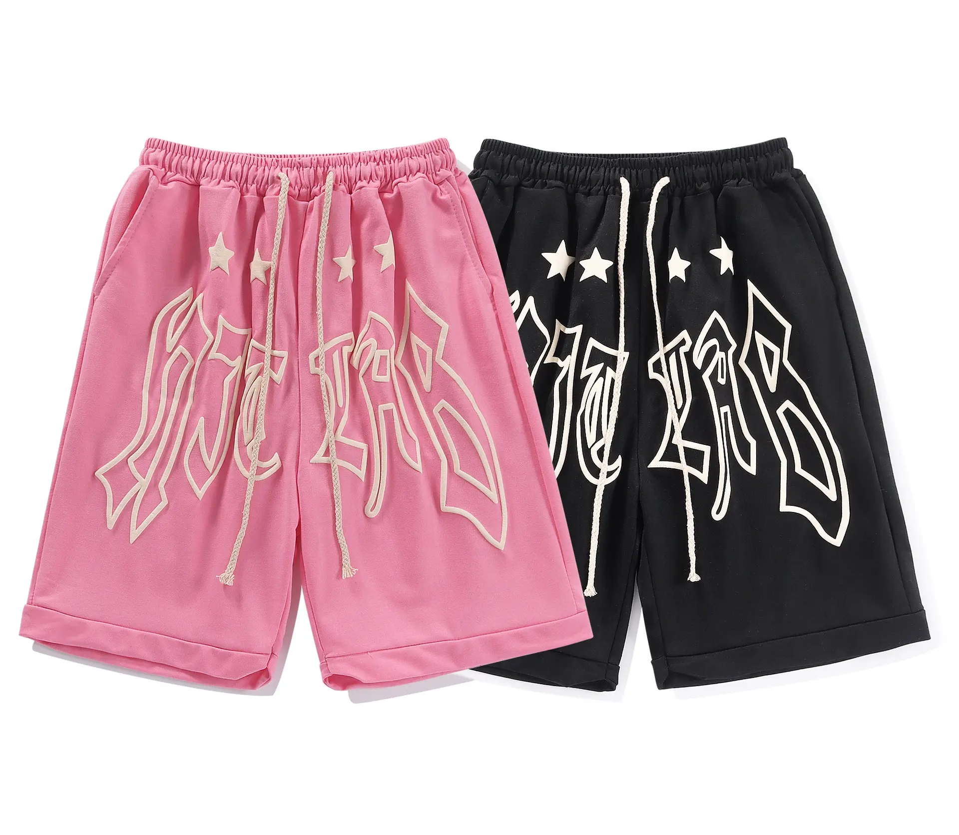 Men Fashion 5 Inch Inseam Streetwear Shorts Black French Terry Cotton Puff Print Shorts Custom Logo