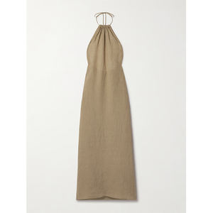 Летнее повседневное льняное хлопковое платье с воротником-хомутом и открытой спиной, сексуальное вечернее платье в пол, без рукавов, дышащее натуральное платье спереди - Product Image 3