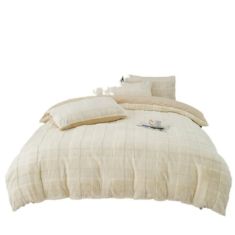 High Quality Solid Color Rabbit Plush Milk Velvet Bedding Set Fur Shaggy Duvet Cover Flat Bed Sheet Pillowcase Bed Set