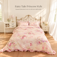 Parure de lit de luxe princesse à volants 3 pièces 100% coton imprimé réactif motif rose élégant pour la décoration intérieure