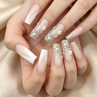 24 faux ongles carrés longs à presser, style français, avec strass et décorations en forme de goutte d'eau, pour manucure DIY, idéal pour les mariées