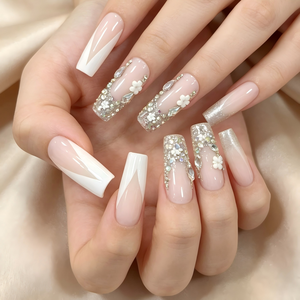 24 <span class=keywords><strong>Uñas</strong></span> Postizas Cuadradas Largas Francesas con Diamantes de Imitación, Decoración de Gota de Agua, Puntas de Manicura DIY para Novias - Product Image 2