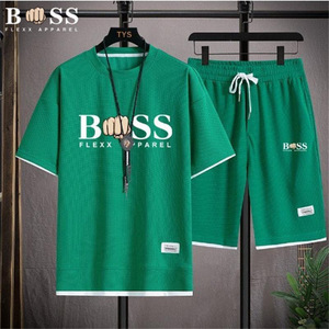 Conjunto de Camiseta de Manga Corta y Pantalones Cortos Tipo Waffle, Traje Deportivo Informal para Hombre, Verano, Holgado, 100% Fibra de Bambú, Diseño con Letras - Product Image 6