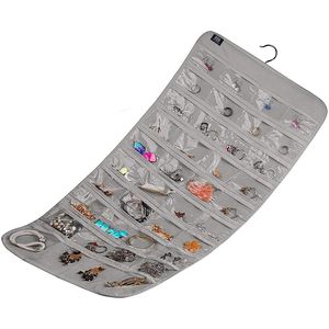 Hanging Jewelry Organizer 80 Pocket Grey Rectangular for Earring Ring Storage Women Girls Modern Non Woven Fabric - Product Image 6
