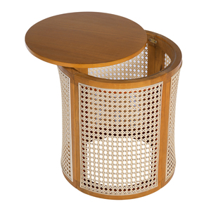 Table d'appoint ronde tressée en bois d'hévéa avec plateau en rotin, petite table d'appoint pour salon et chambre - Product Image 4