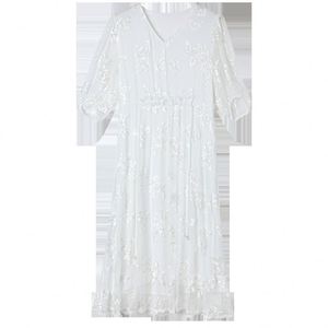 2025 Collection printemps/été élégant poids lourd brodé 100% soie col en v robe mi-longue coupe ample respirant élégant - Product Image 5