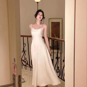 White Spaghetti Strap Satin Dress Sweetheart Neckline Natural Waist Evening Gown For Birthday Party - Product Image 1