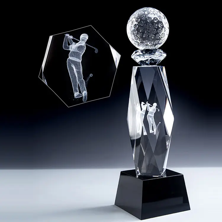 MH-NJ00738 de balle de golf en cristal gravé personnalisé trophée de verre plaque de trophée en cristal