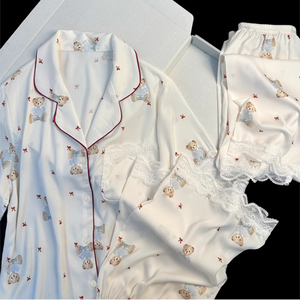 Pigiama in pigiama da notte in seta satinata pigiama per ragazze pigiami da donna set 3 pezzi set pigiami da donna di lusso - Product Image 6