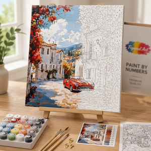 Kit Pittura a Numeri Personalizzato Città Mediterranea <span class=keywords><strong>Auto</strong></span> Rossa Vintage Scenografia Fai da Te Pittura Acrilica su Tela Stampata 40x50cm Paesaggio per Adulti - Product Image 5