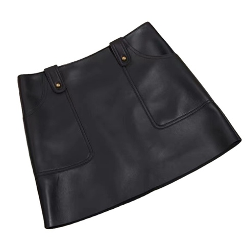 2025 Spring Summer Black Dual Pocket Women A-Line Highwaist Genuine Leather Skirt