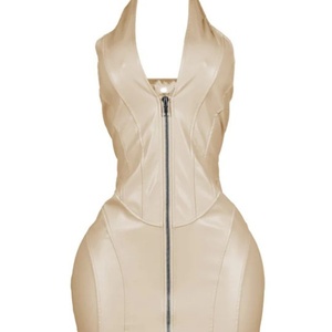 2025 Wholesale Ladies Sexy Solid Eco-Friendly Deep V-neck <b>Pu</b> Leather Mini Dress Front Zipper <b>Bodysuit</b> for Women - Product Image 5