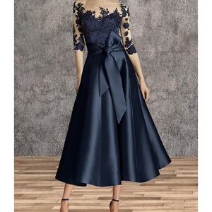 فساتين سهرة من الساتان لأم العروس بأكمام والدانتيل مزينة بفيونكة فستان رسمي مستوحى من القوس لحفلات الزفاف - Product Image 2