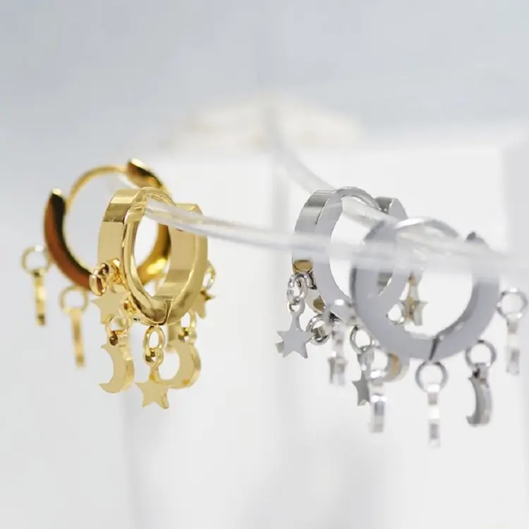 Classic Romantic Retro Moon Star Tassel Hoop Pendant Earrings 316L 14k Gold Plated Women Jewelry Set Stainless Steel Earrings