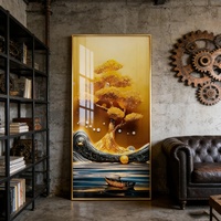Peinture murale en porcelaine cristalline HD Paysage d'arbre doré moderne Décoration intérieure Salon Hôtel Art mural LED Personnalisation