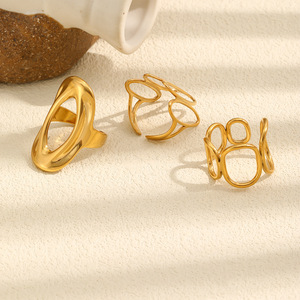Ensemble de bagues ovales ajourées en acier inoxydable plaqué or 18 carats PVD, design à ligne ouverte, pour femme, unique, tendance, élégant, chic, pour le quotidien - Product Image 5