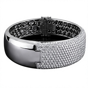 Classic Rhodium Plated Silver Moissanite Wide Crossover Pave <b>Set</b> Oval <b>Bangle</b> Bracelet for Women Trendy Party Jewelry - Product Image 2