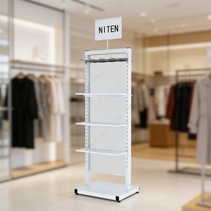 Double-Sided Metal Floor Store Display <b>Stand</b> with Shelves & Hooks Multi-Functional Garment Rack for Clothing <b>Hats</b> Socks - Product Image 1