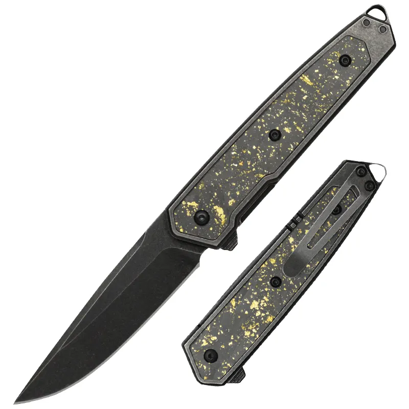 3'' New Design Shredded Carbon Fiber Handle D2 Blade Survival Tactical Folding Pocket Knife for EDC Outdoor Use