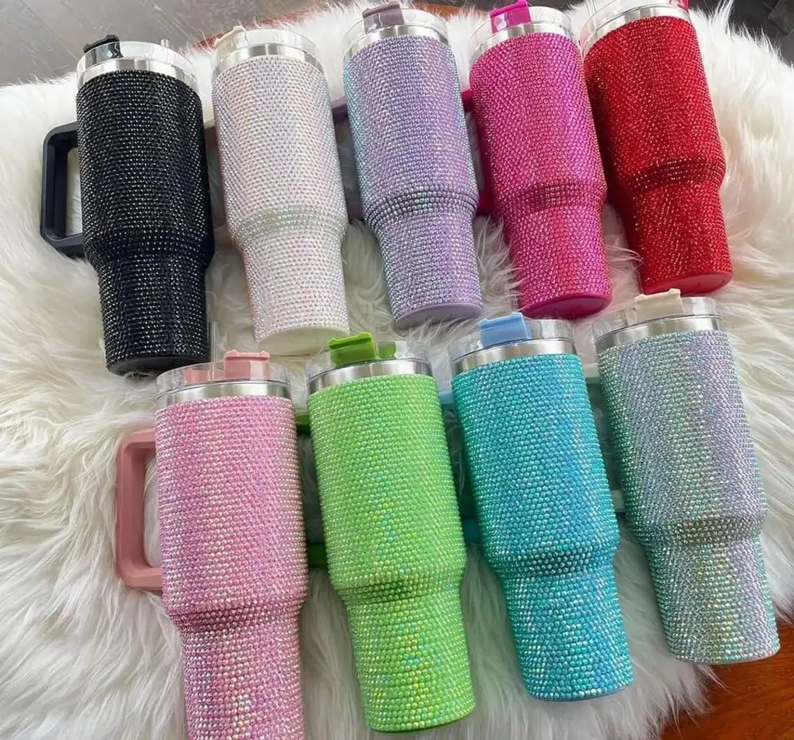 Rhinestone Bling Tumbler with Handle,Glittering Rhinestone 40oz Insulated Tumble Cup Holder Friendly with Lip and Straw