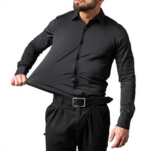 Chemise habillée noire slim fit pour homme, manches longues, col rabattu, chemises formelles grandes tailles en polyester, couleur unie, pour l'automne - Product Image 1