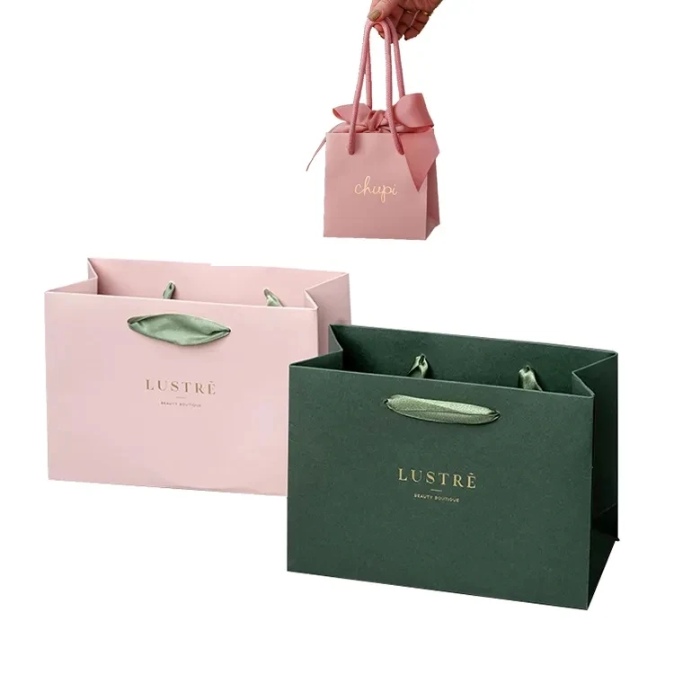 Bolsas de papel de regalo con logotipo de impresión personalizada, bolsas de papel de Boutique de ropa de lujo, color Blanco y Negro, Rosa, con asa de cinta