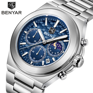 Reloj de Cuarzo para Hombre Benyar, Cronógrafo Analógico con Fase Lunar y Fecha, Correa de Acero Inoxidable, Resistente al Agua 30M, BY-5220M - Product Image 1