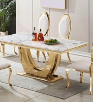 Ensemble de table et chaises de salle à manger extensible de luxe moderne, plateau en marbre, structure en acier inoxydable, imperméable, 6 places, rectangulaire, meubles de maison