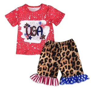 All'ingrosso set di pantaloncini leopardati rossi estivi da bambina boutique per bambini 4 ° di July vestito da due pezzi