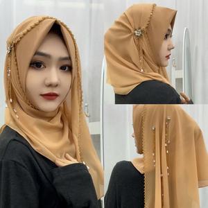 Hijab de trabajo pesado de lujo con diamantes de imitación de cristal, cuentas y borlas largas-Cubierta de cabeza de poliéster - Product Image 6