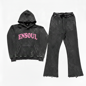 ES <strong>Customization</strong> Vintage Acid Wash Rhinestone Heavyweight Printed Knitted Hoodie Sweatpants <strong>Suit</strong> High Quality Men's Streetwear - Product Image 4