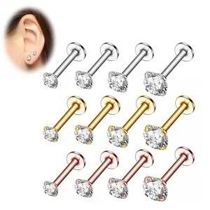 Venta al por mayor 16G 316L Acero quirúrgico claro CZ Tragus plano hélice cartílago Labret piercing Stud diamante pendiente Tragus Piercing