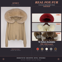 OFTBUY Cardigan en tricot avec col en vraie fourrure de renard pour femme, veste pull zippée à capuche en fourrure amovible, manteau d'hiver ample et oversize