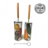 Panier de barbecue rotatif DaS en acier inoxydable avec poignée en bois pour légumes, viande, crevettes, barbecue en plein air
