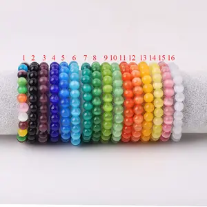 New Fashion 8mm Cat Eye Bracelet Women Opal Glass Beads Elastic Bracelet Simple Plain Stone Rainbow Bracelet JBS12641