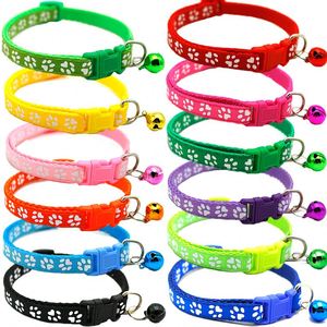 Manufacturer wholesale multi-colors adjustable nylon paw print cat dog collar with bell