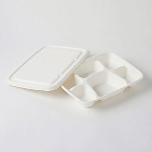 Boîte alimentaire jetable et compostable en bagasse de canne à sucre biodégradable, blanche, avec plateau moulé à 4/5/6 compartiments, vaisselle à emporter - Product Image 1