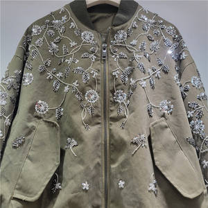 Z2150-2025 automne femmes marron veste col montant tissé perlé fleur fermeture éclair université veste femmes lâche décontracté - Product Image 3