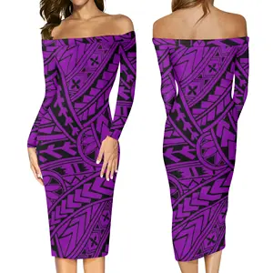 Girls Clothing Purple Polynesian Tribal Design Printed Summer Women Dresses Body-con Plus Size 6xl Off Shoulder Dresses