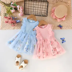 C1533新着夏ノースリーブフリルキッドコットンプリントスプライシングガールドレス1-5歳誕生日服ベビーガールズドレス