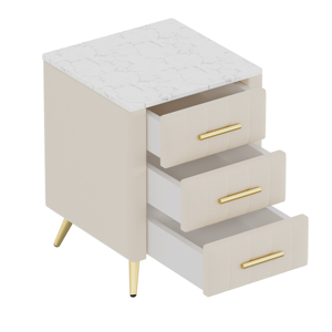 Upholstered Nightstand With 3 Drawers Metal Legs And Handles <b>Marbling</b> Top Beige <b>Bedside</b> <b>Table</b> - Product Image 4