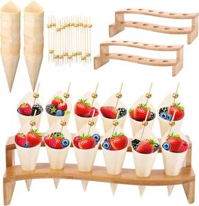 Support de support de cônes à 12 trous présentoir de cône de crème glacée en bambou avec 100 cônes de bois jetables 100 cure-dents fantaisie pour la fête - Product Image 1
