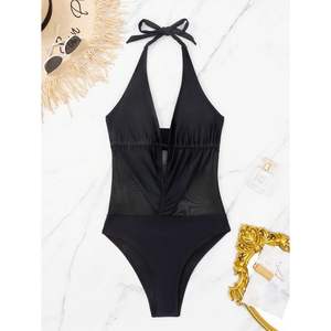 Traje de Baño Personalizado de Una Pieza para Mujer, Cuello en V Profundo, Halter, Monokini de Malla, Ropa de Playa, Elástico, Spandex, Poliéster - Product Image 3